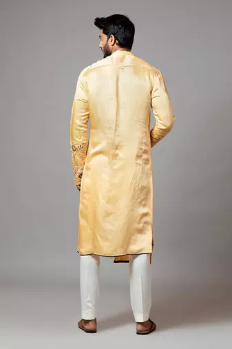 Assymetric Double Panel Kurta With Embroidered Sleeve And Pant Pajama