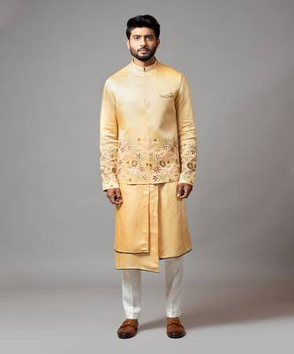 Mustard Nehru Jacket Mustard Assymetric Double Panel Kurta With Embroidered Sleeve And Pant Pajama 1