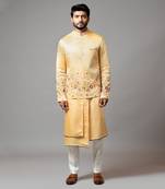 Mustard Nehru Jacket Mustard Assymetric Double Panel Kurta With Embroidered Sleeve And Pant Pajama