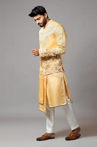 Mustard Nehru Jacket Mustard Assymetric Double Panel Kurta With Embroidered Sleeve And Pant Pajama