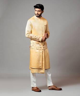 Mustard Nehru Jacket Mustard Assymetric Double Panel Kurta With Embroidered Sleeve And Pant Pajama 3