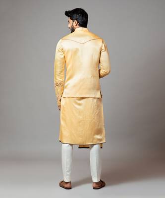 Mustard Nehru Jacket Mustard Assymetric Double Panel Kurta With Embroidered Sleeve And Pant Pajama 4