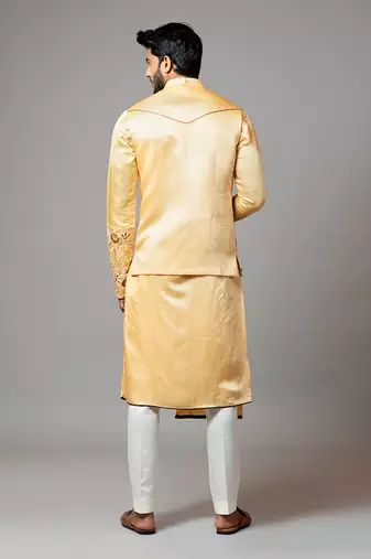 Mustard Nehru Jacket Mustard Assymetric Double Panel Kurta With Embroidered Sleeve And Pant Pajama