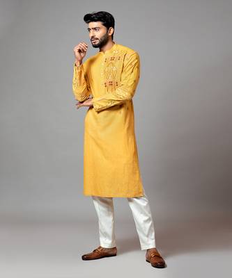 Mustard With Red Flower Embroidered Kurta And Pant Pajama 1