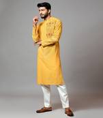 Mustard With Red Flower Embroidered Kurta And Pant Pajama