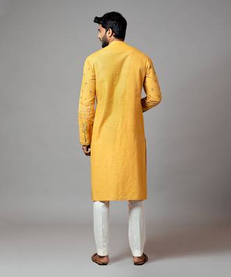 Mustard With Red Flower Embroidered Kurta And Pant Pajama 2