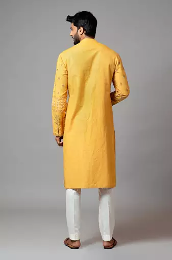 Mustard With Red Flower Embroidered Kurta And Pant Pajama