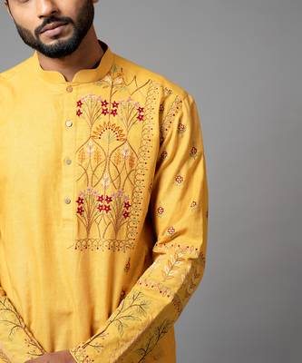 Mustard With Red Flower Embroidered Kurta And Pant Pajama 3