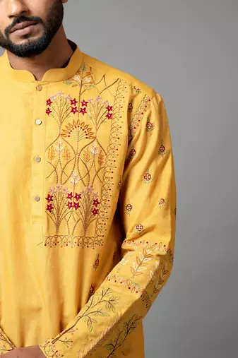 Mustard With Red Flower Embroidered Kurta And Pant Pajama