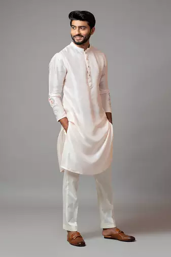 Plain Kurta With Minimal Floral Embroidery On Sleeves