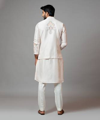 Baby Pink Nehru Jacket With Multi Colour Garden Themed Embroidery Paired With Tonal Kurta And Pant Pajama 2