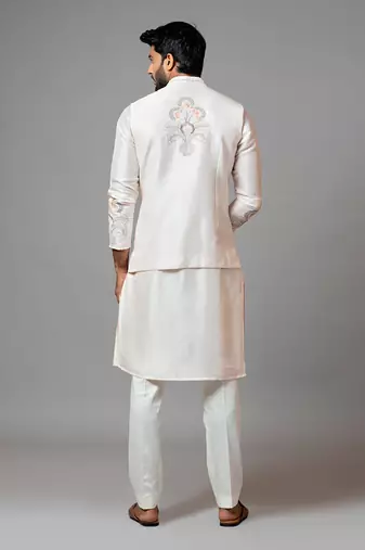 Baby Pink Nehru Jacket With Multi Colour Garden Themed Embroidery Paired With Tonal Kurta And Pant Pajama