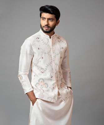 Baby Pink Nehru Jacket With Multi Colour Garden Themed Embroidery Paired With Tonal Kurta And Pant Pajama 4