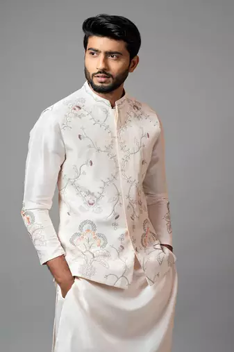 Baby Pink Nehru Jacket With Multi Colour Garden Themed Embroidery Paired With Tonal Kurta And Pant Pajama