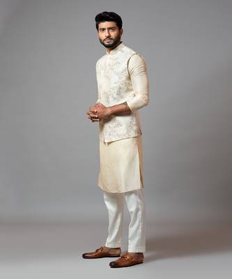 Off White Nehru Jacket With Delicate Jaal Embroidery Paired With A Tonal Kurta Set 2