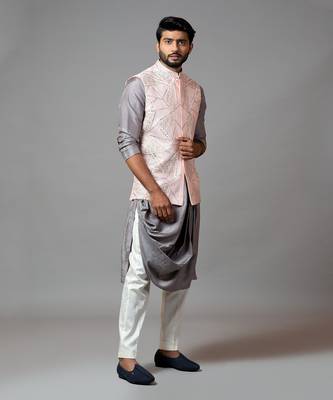 Powder Pink Nehru Jacket With Geometric Mirrorwork Embroidery Paired With A Slate Grey Drape Kurta And Pant Pajama 1