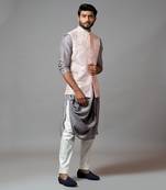 Powder Pink Nehru Jacket With Geometric Mirrorwork Embroidery Paired With A Slate Grey Drape Kurta And Pant Pajama
