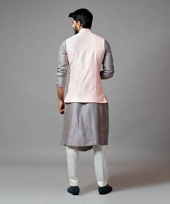 Powder Pink Nehru Jacket With Geometric Mirrorwork Embroidery Paired With A Slate Grey Drape Kurta And Pant Pajama 3