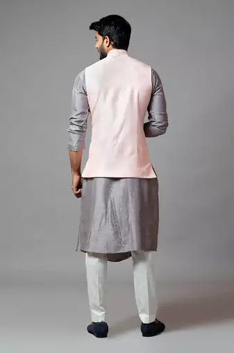 Powder Pink Nehru Jacket With Geometric Mirrorwork Embroidery Paired With A Slate Grey Drape Kurta And Pant Pajama