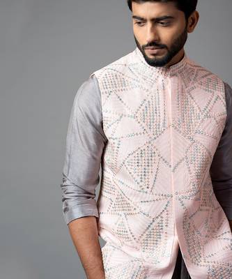 Powder Pink Nehru Jacket With Geometric Mirrorwork Embroidery Paired With A Slate Grey Drape Kurta And Pant Pajama 4
