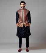 Multicoloured Silk Embroidered Nehru Jacket for Party and Weddings