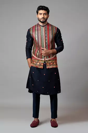 Multicoloured Silk Embroidered Nehru Jacket for Party and Weddings