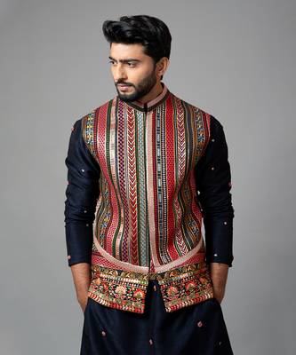 Multicoloured Silk Embroidered Nehru Jacket for Party and Weddings 4