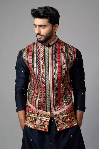 Multicoloured Silk Embroidered Nehru Jacket for Party and Weddings