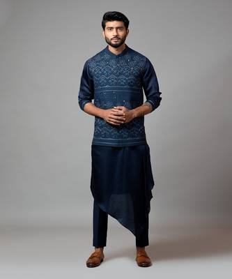 Navy Blue Kora Nehru  Jacket With Mughal Inspired Embroidery Paired With A Drape Kurta 1