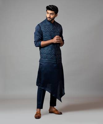 Navy Blue Kora Nehru  Jacket With Mughal Inspired Embroidery Paired With A Drape Kurta 2