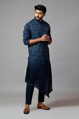 Navy Blue Kora Nehru  Jacket With Mughal Inspired Embroidery Paired With A Drape Kurta
