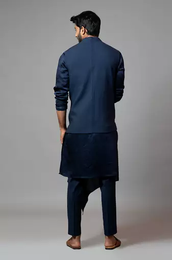 Navy Blue Kora Nehru  Jacket With Mughal Inspired Embroidery Paired With A Drape Kurta