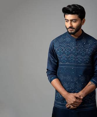 Navy Blue Kora Nehru  Jacket With Mughal Inspired Embroidery Paired With A Drape Kurta 4