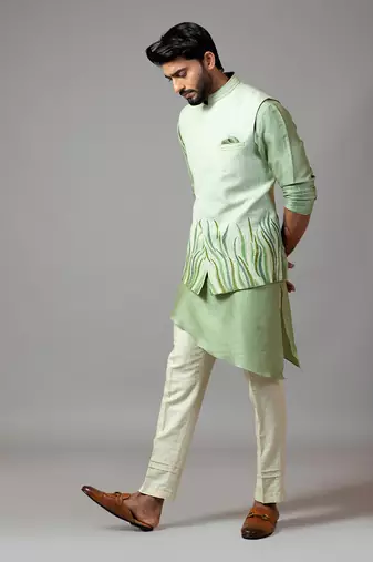 Stitchlines and embroidered nehru with assymetric kurta