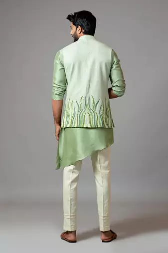 Stitchlines and embroidered nehru with assymetric kurta