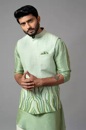 Stitchlines and embroidered nehru with assymetric kurta