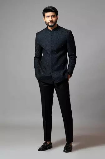 Bandhgala With Honeycomb And  Katdana Embroidery