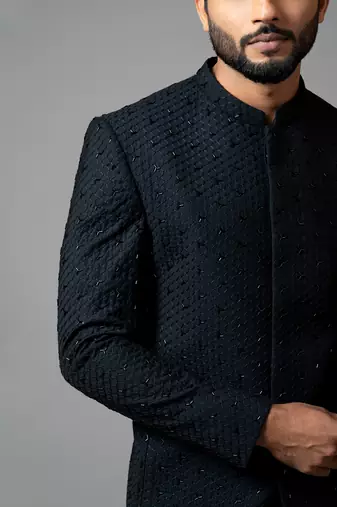 Bandhgala With Honeycomb And  Katdana Embroidery