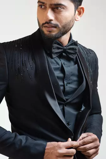 Black Minimal Embroidered Blazer Set
