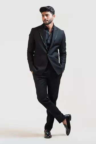 Black Embroidered Lapel Blazer set