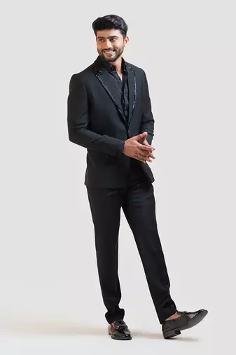 Black Embroidered Lapel Blazer set