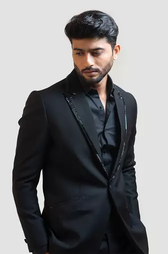 Black Embroidered Lapel Blazer set