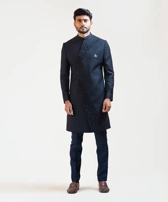Blue Pintucks Embroidered Achkan 1