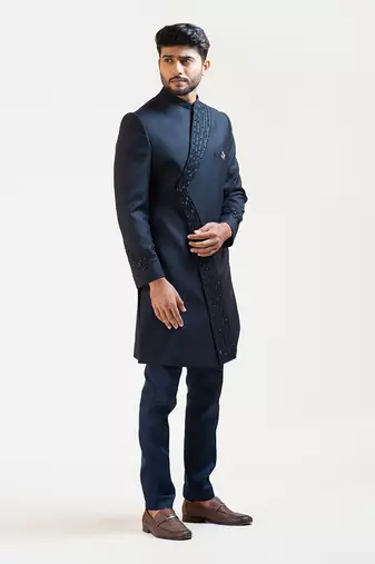 Blue Pintucks Embroidered Achkan