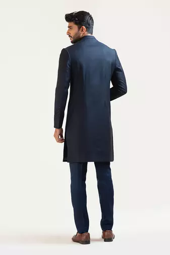 Blue Pintucks Embroidered Achkan