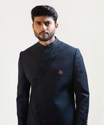 Blue Pintucks Embroidered Achkan 4