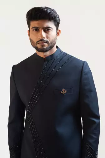 Blue Pintucks Embroidered Achkan