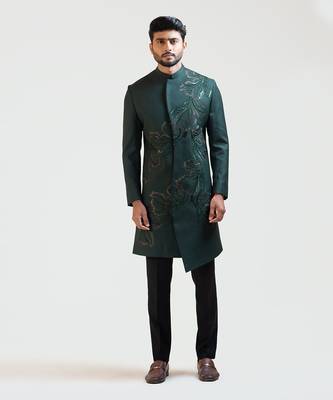 Green A-symmetric Flowy Lineart Embroidered Achkan 1