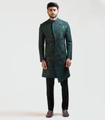 Green A-symmetric Flowy Lineart Embroidered Achkan