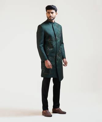 Green A-symmetric Flowy Lineart Embroidered Achkan 2